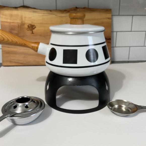 VTG Fondue Pot with Stand, White Enamel Pot MCM Black Geometric Circle Squares - Picture 2 of 9